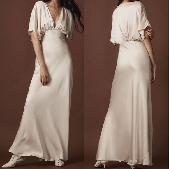 BHLDN Anthro | Amelia Deep V Satin Dress | Maxi | Cream | Women’s 12 - Picture 1 of 7